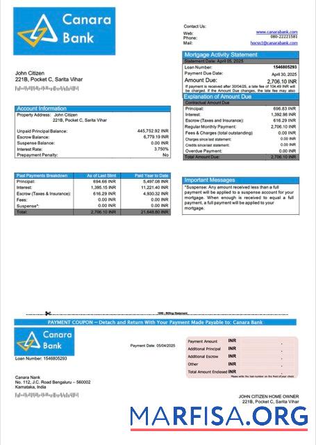 Realistic India Canara Bank mortgage statement Word and PDF template